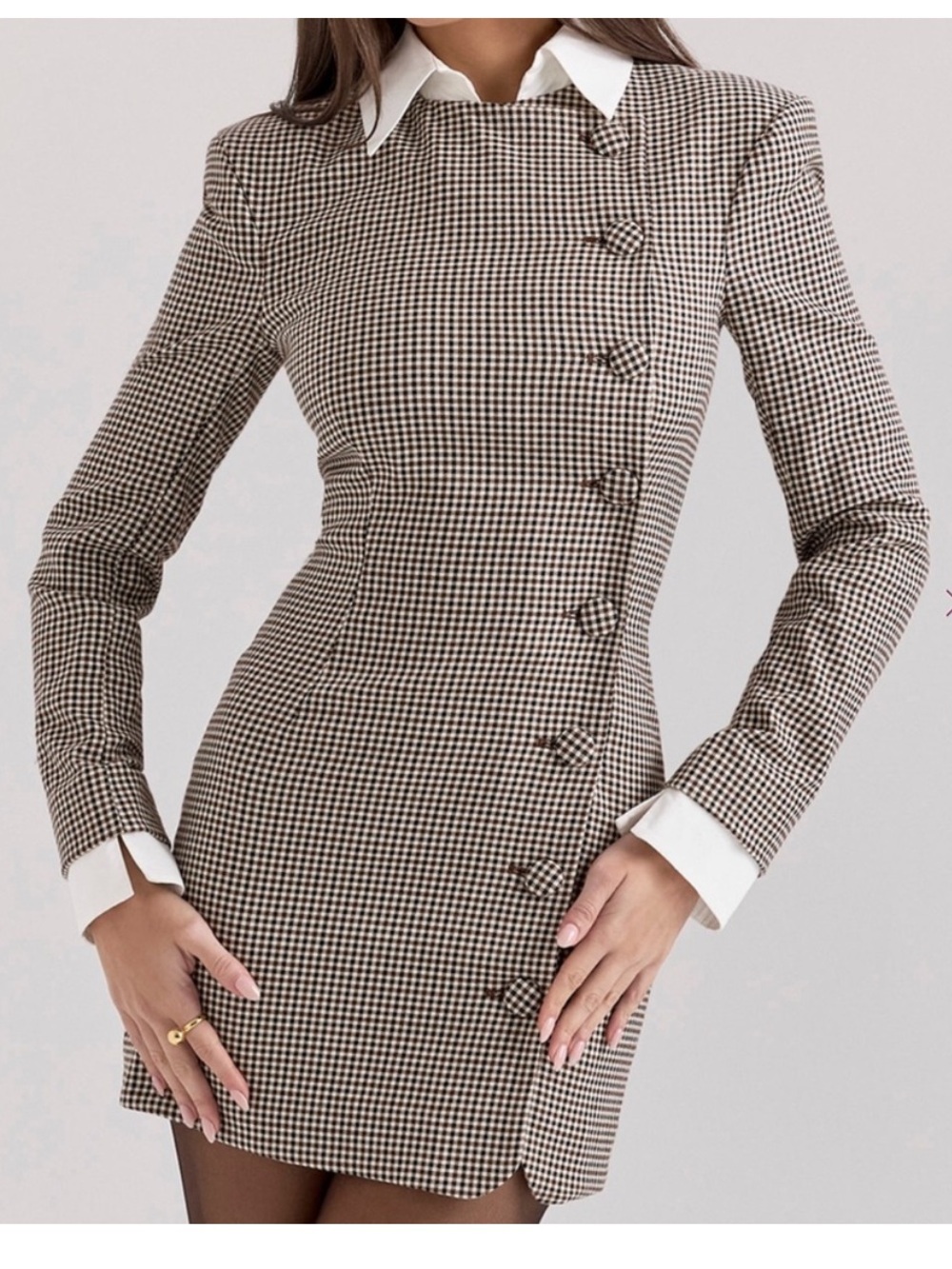 House of CB LEONI Brown Puppytooth Check Bodycon Mini Dress Size Large Plus XL